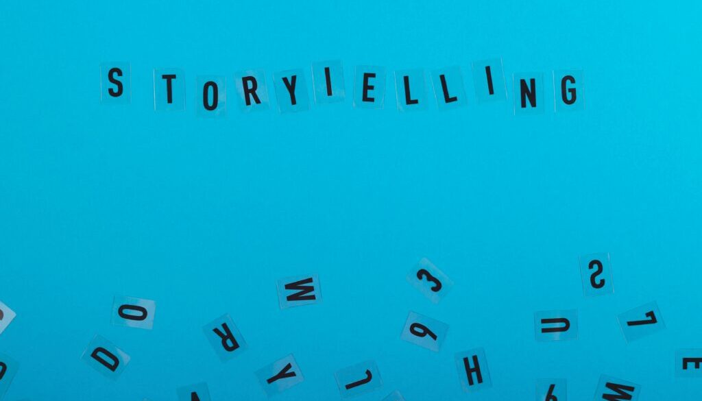 Storytelling is written on a light blue background among black letters. Marketing and content